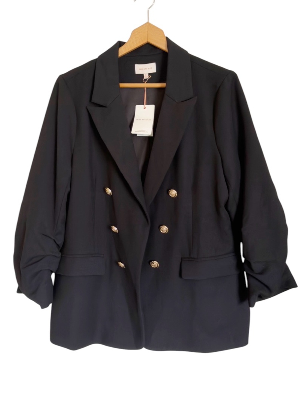 Skies Are Blue Elie Black Button Open-front Ruched Sleeves Blazer Jacket size XL